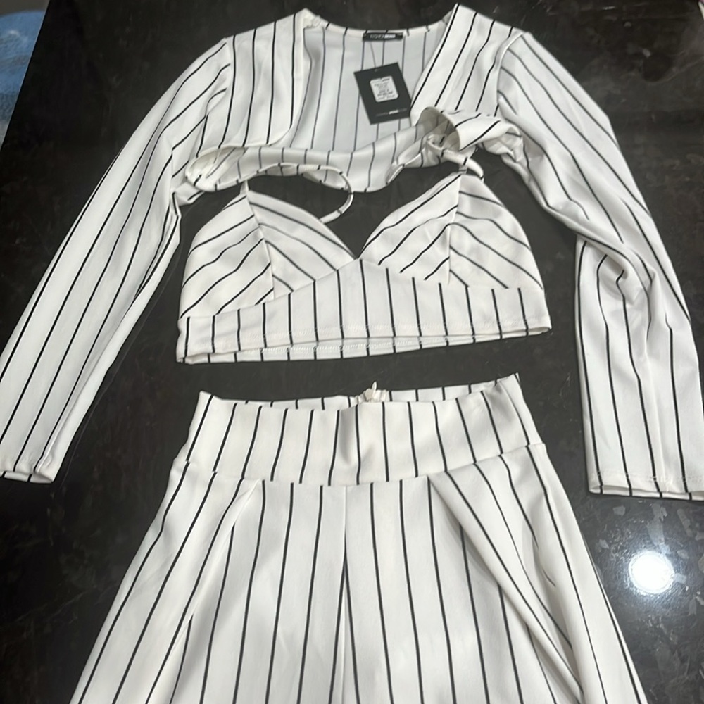Fashion Nova three piece Step in Line pinstripe set